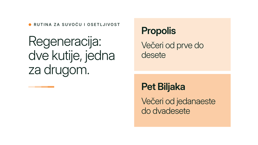 Tipografska naslovna slika: levo naslov Regeneracija, dve kutije, jedna za drugom, a desno dve narandžaste pločice, gornja sa natpisom Propolis, večeri od prve do desete, donja sa natpisom Pet Biljaka, večeri od jedanaeste do dvadesete.