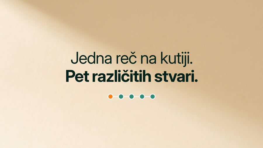 Tipografska naslovna slika na krem podlozi sa dijagonalnim svetlom: jedna reč na kutiji, pet različitih stvari, ispod niz od pet tačaka.