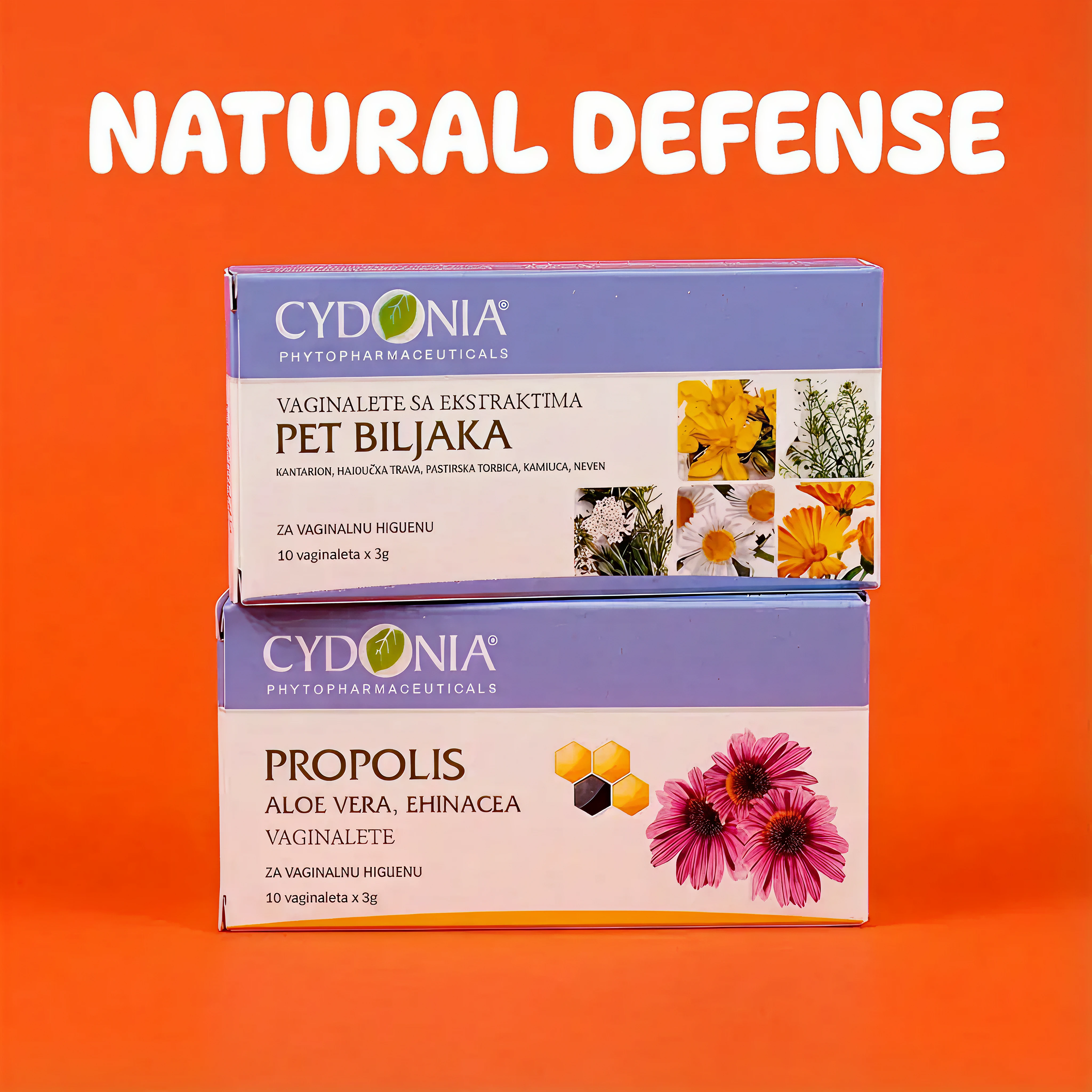 Two boxes of Cydonia natural health products on an orange background with 'Natural Defense' text.