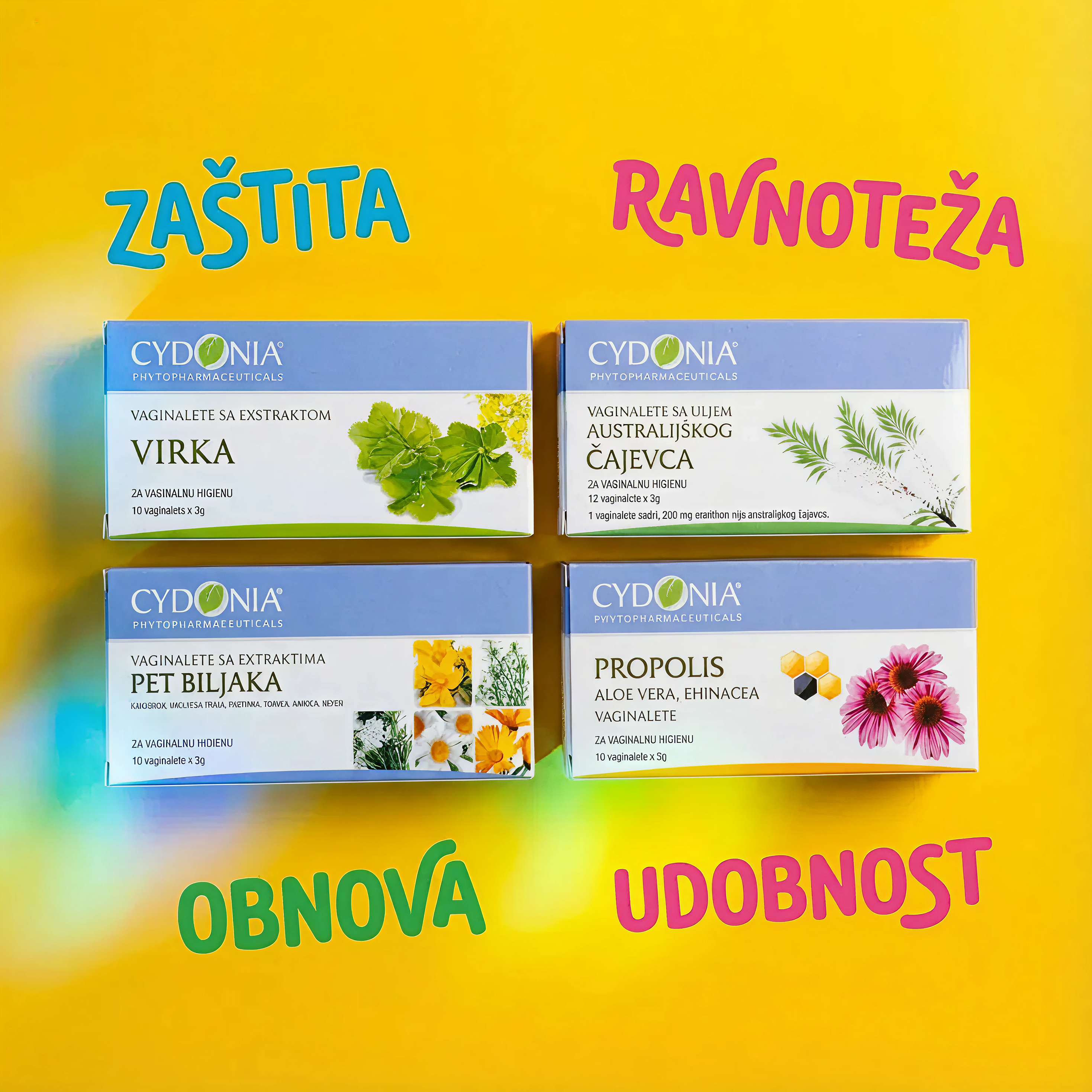 Four Cydonia product boxes on a yellow background with text in different colors.