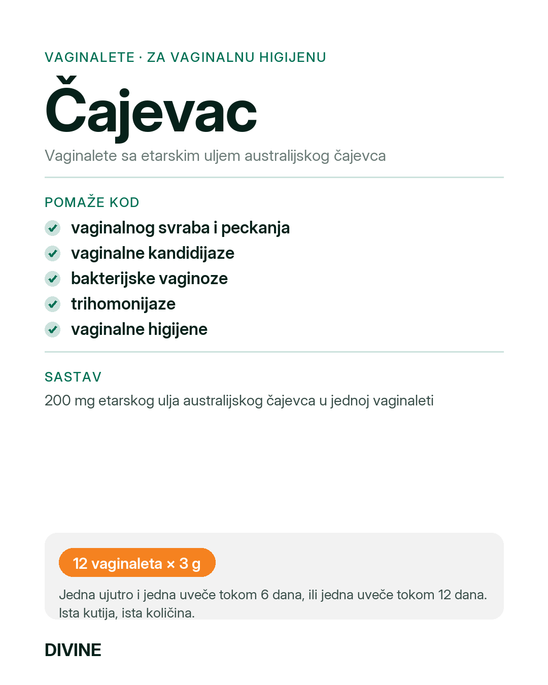 Čajevac vaginalete, kartica sa opisom proizvoda | DIVINE