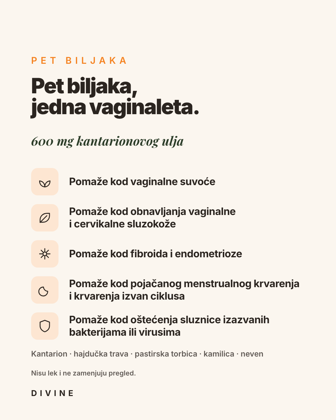 Pet Biljaka vaginalete, kartica sa opisom proizvoda | DIVINE
